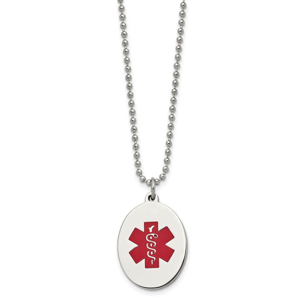 22 Inch Chisel Stainless Steel Polished With Red Enamel Oval Medical Id Pendant On A 24 Ball Chain Necklace