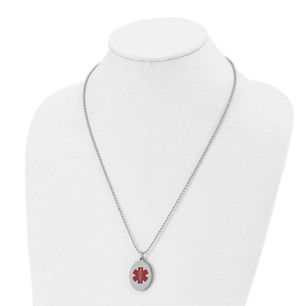 22 Inch Chisel Stainless Steel Polished With Red Enamel Oval Medical Id Pendant On A 24 Ball Chain Necklace