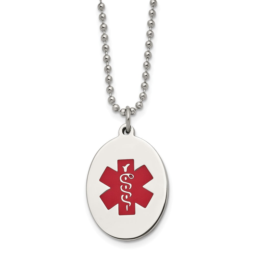 22 Inch Chisel Stainless Steel Polished With Red Enamel Oval Medical Id Pendant On A 24 Ball Chain Necklace