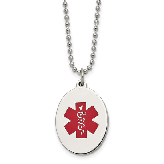 22 Inch Chisel Stainless Steel Polished With Red Enamel Oval Medical Id Pendant On A 24 Ball Chain Necklace