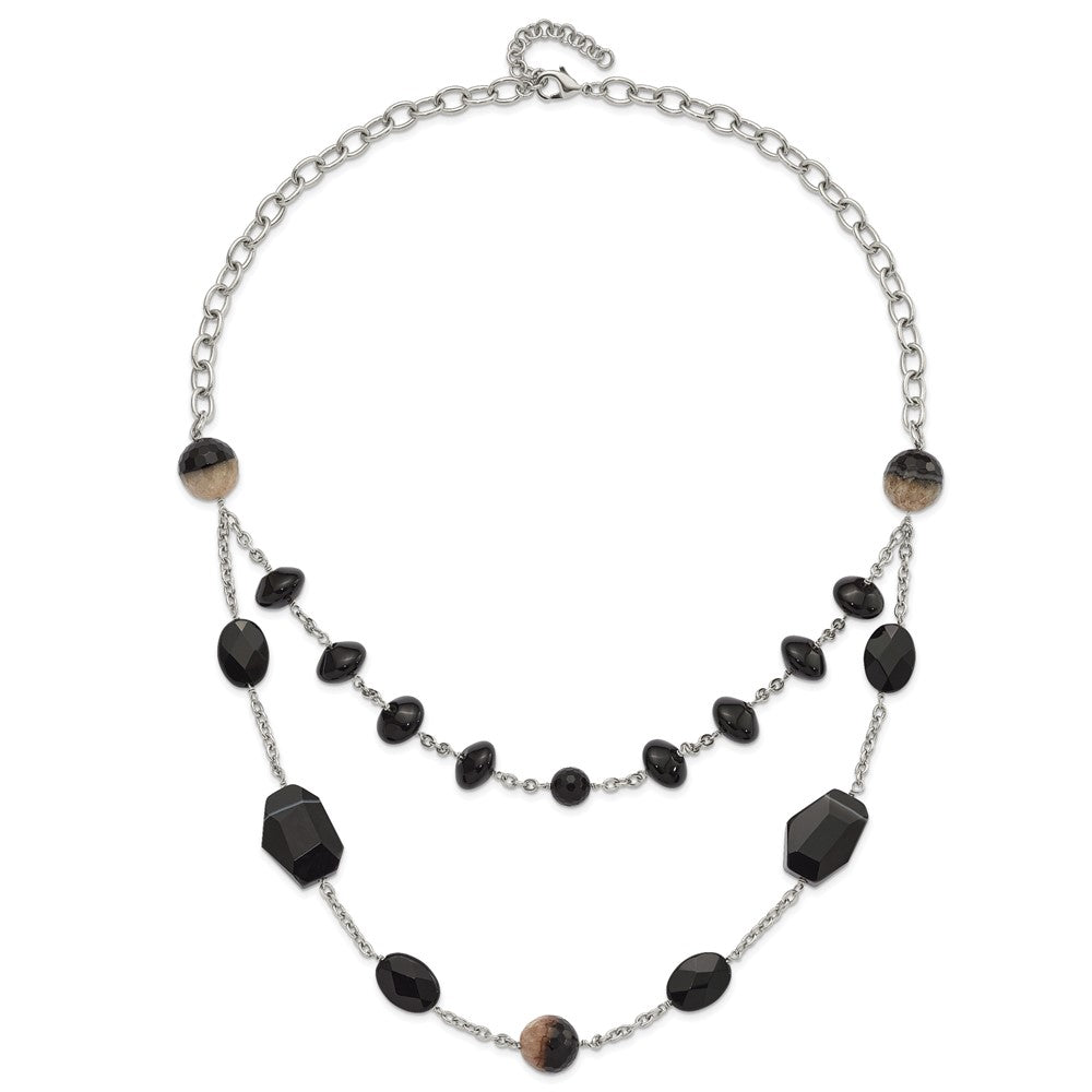 Stainless Steel Black & Crystalized Agate W/ 1.5In Ext Necklace