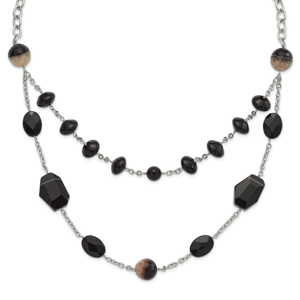 Stainless Steel Black & Crystalized Agate W/ 1.5In Ext Necklace