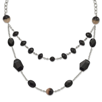 Stainless Steel Black & Crystalized Agate W/ 1.5In Ext Necklace