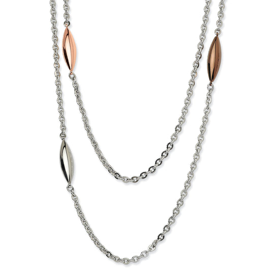 Stainless Steel Rose, Brown Ip Plated & Ovals 28In Necklace