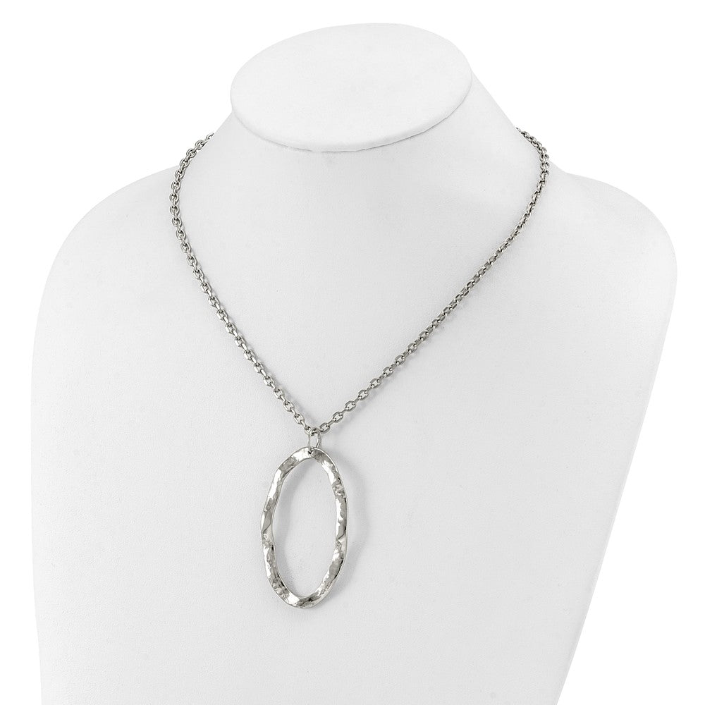 Stainless Steel Hammered Oval Pendant With 2 Inch Ext Necklace