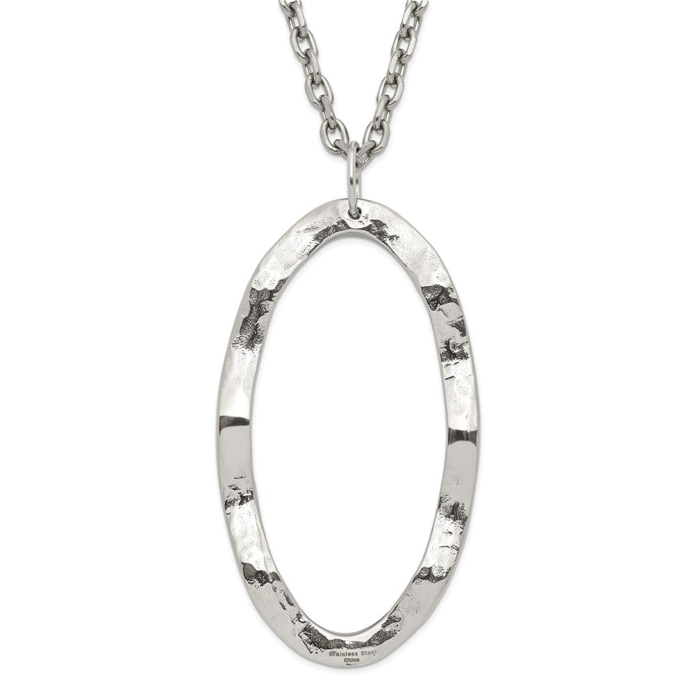 Stainless Steel Hammered Oval Pendant With 2 Inch Ext Necklace