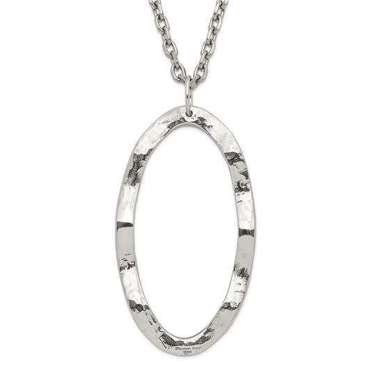 Stainless Steel Hammered Oval Pendant With 2 Inch Ext Necklace
