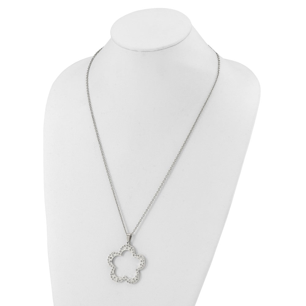 Stainless Steel Polished Flower With Czs Pendant 24In Necklace
