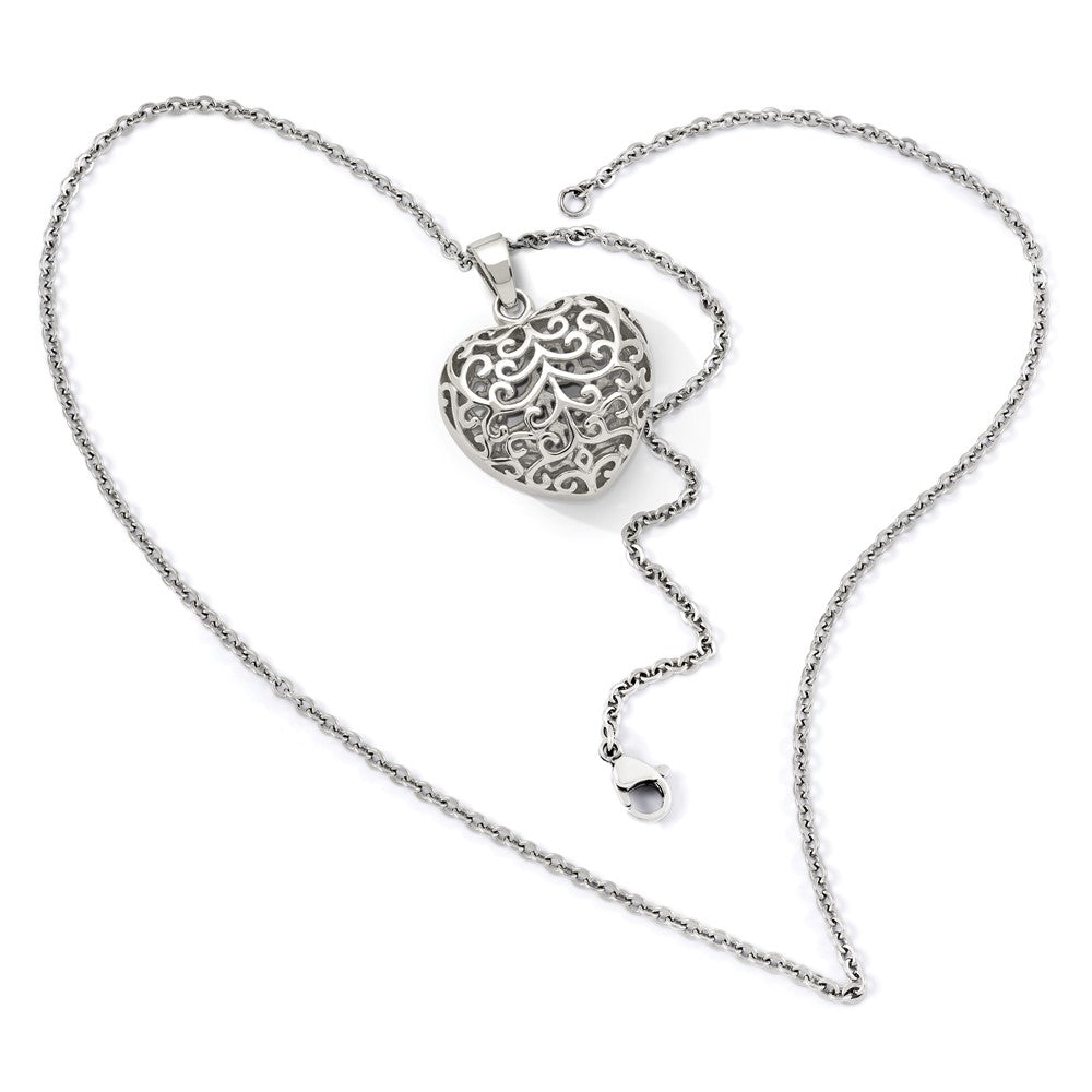 Stainless Steel Chisel Polished Filigree Puffed Heart Pendant On A 22 Inch Cable Chain Necklace