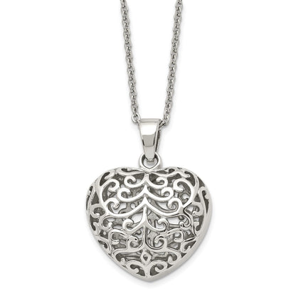Stainless Steel Chisel Polished Filigree Puffed Heart Pendant On A 22 Inch Cable Chain Necklace