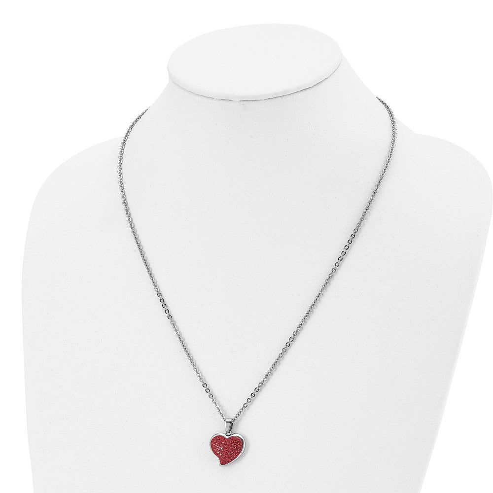 Stainless Steel Chisel Polished With Red Crystal Heart Pendant On A 22 Inch Cable Chain Necklace