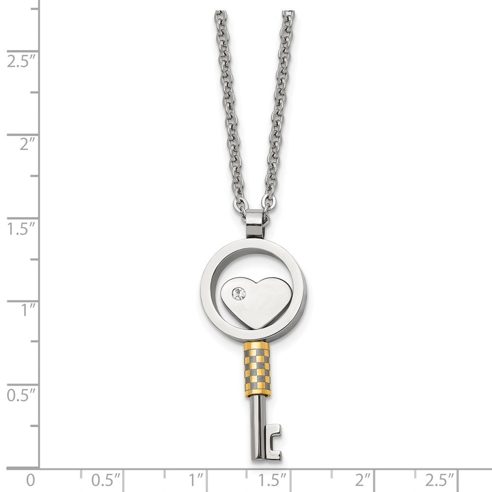 Stainless Steel Chisel Polished Yellow Ip-Plated With Cz Heart Key Pendant On A 22 Inch Cable Chain Necklace