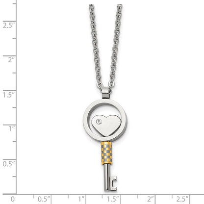 Stainless Steel Chisel Polished Yellow Ip-Plated With Cz Heart Key Pendant On A 22 Inch Cable Chain Necklace