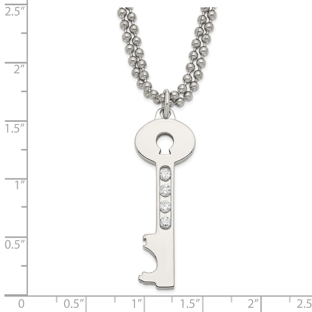 24 Inch Stainless Steel Polished Key W/ Cz Double Chain Necklace