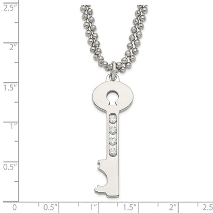 24 Inch Stainless Steel Polished Key W/ Cz Double Chain Necklace