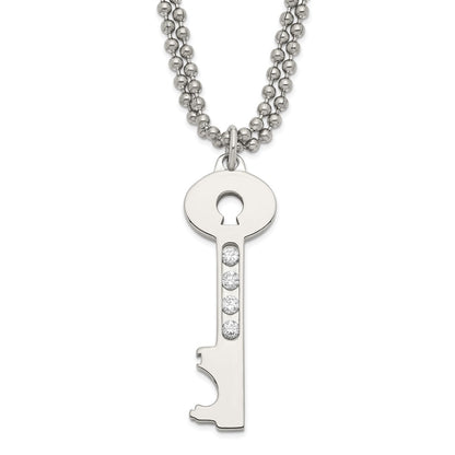 24 Inch Stainless Steel Polished Key W/ Cz Double Chain Necklace
