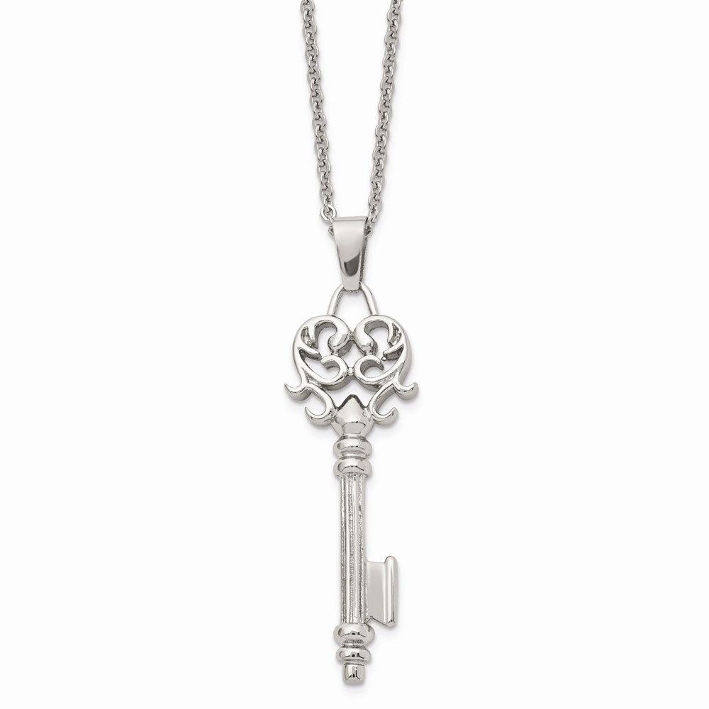 Stainless Steel Chisel Polished Heart Key Pendant On A 22 Inch Cable Chain Necklace