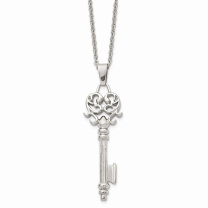 Stainless Steel Chisel Polished Heart Key Pendant On A 22 Inch Cable Chain Necklace