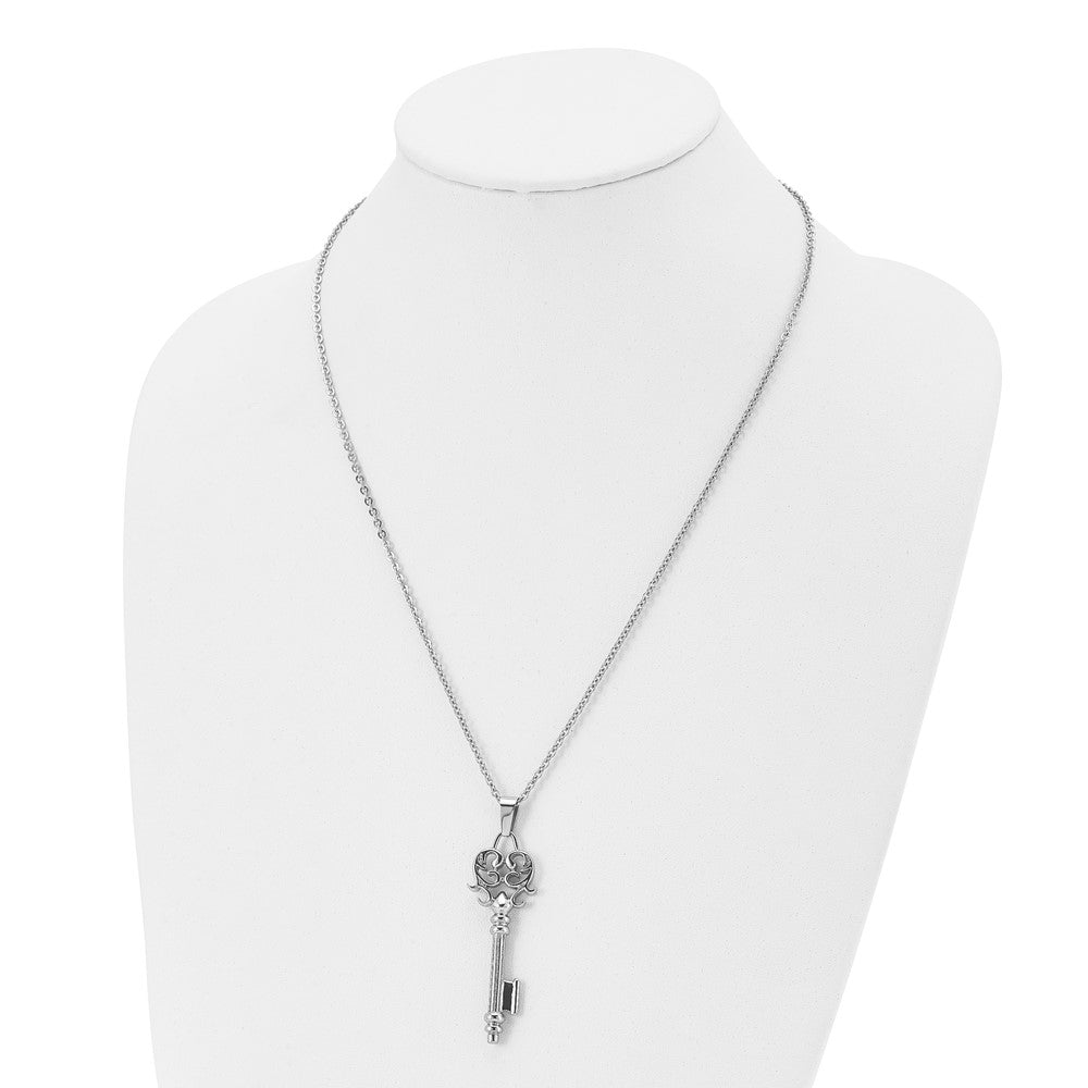 Stainless Steel Chisel Polished Heart Key Pendant On A 22 Inch Cable Chain Necklace