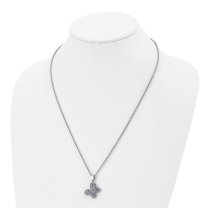 Stainless Steel Chisel Polished Purple Crystal Butterfly Pendant On A 22 Inch Cable Chain Necklace
