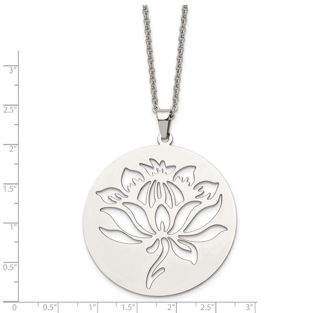 Stainless Steel Chisel Polished Flower Cut-Out Circle Pendant On A 22 Inch Cable Chain Necklace