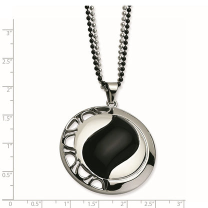 Stainless Steel Polished & Black Onyx Pendant 24In Necklace