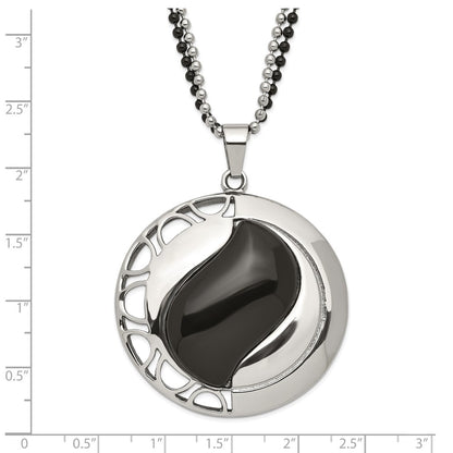 Stainless Steel Polished & Black Onyx Pendant 24In Necklace