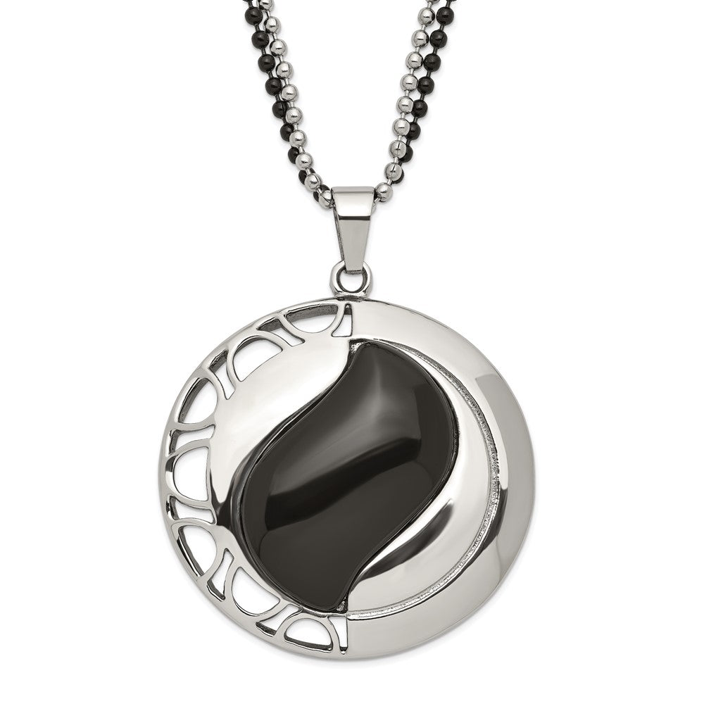 Stainless Steel Polished & Black Onyx Pendant 24In Necklace