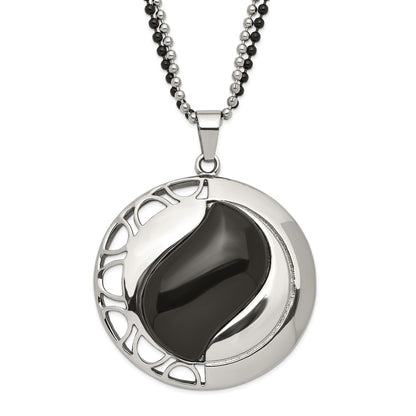 Stainless Steel Polished & Black Onyx Pendant 24In Necklace