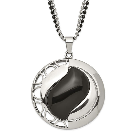 Stainless Steel Polished & Black Onyx Pendant 24In Necklace