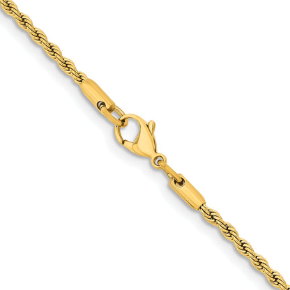 Stainless Steel Chisel Polished Yellow Ip-Plated 2.4mm 20 Inch Rope Chain Necklace