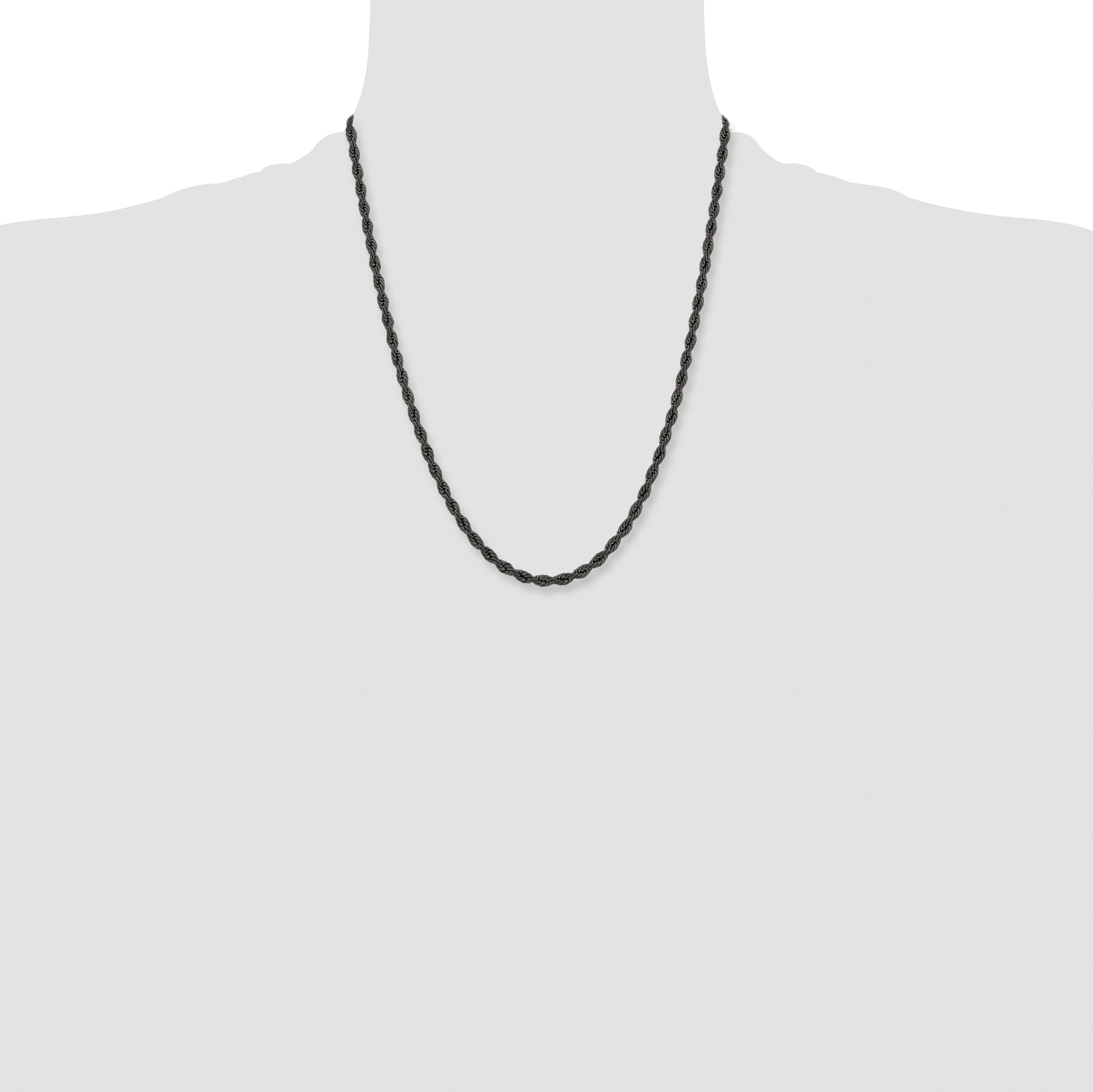 Stainless Steel Chisel Polished Black Ip-Plated 4mm 22 Inch Rope Chain Necklace