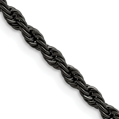 Stainless Steel Chisel Polished Black Ip-Plated 4mm 30 Inch Rope Chain Necklace