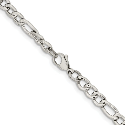 Stainless Steel Chisel Polished 6.3mm 24 Inch Figaro Chain Necklace