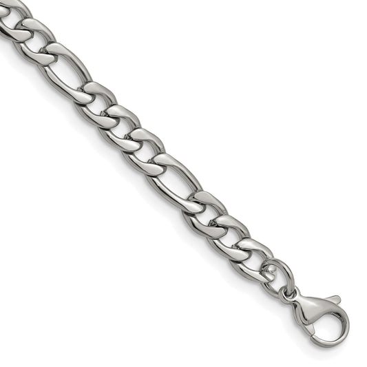 Stainless Steel Chisel Polished 6.3mm 8 Inch Figaro Chain Bracelet