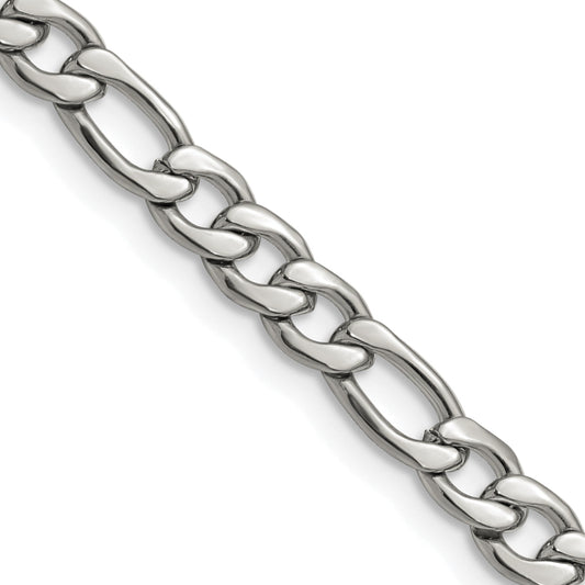 Stainless Steel Chisel Polished 6.3mm 24 Inch Figaro Chain Necklace