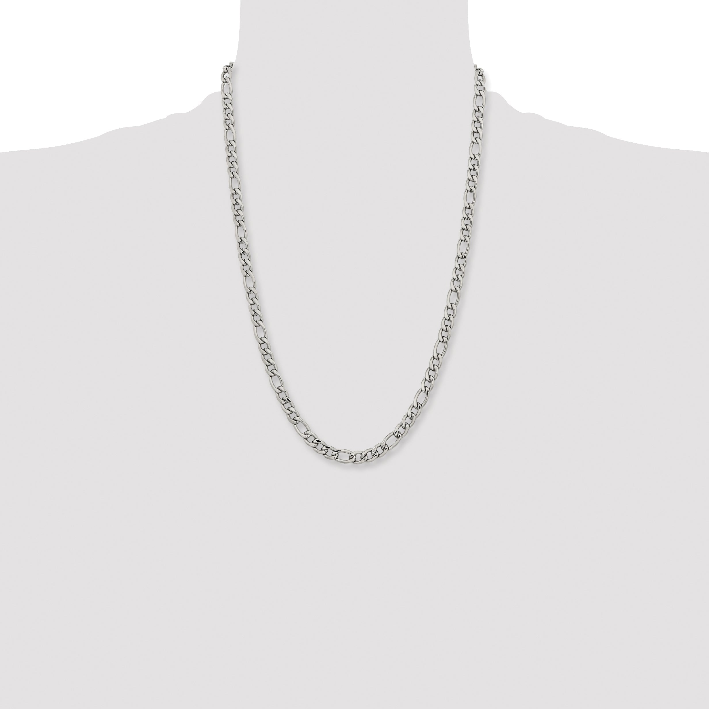 Stainless Steel Chisel Polished 6.75mm 24 Inch Figaro Chain Necklace
