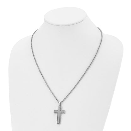 Stainless Steel Chisel Polished And Laser Cut Moveable Cross Pendant On A 22 Inch Rope Chain Necklace