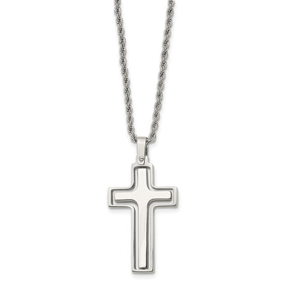 Stainless Steel Chisel Polished And Laser Cut Moveable Cross Pendant On A 22 Inch Rope Chain Necklace