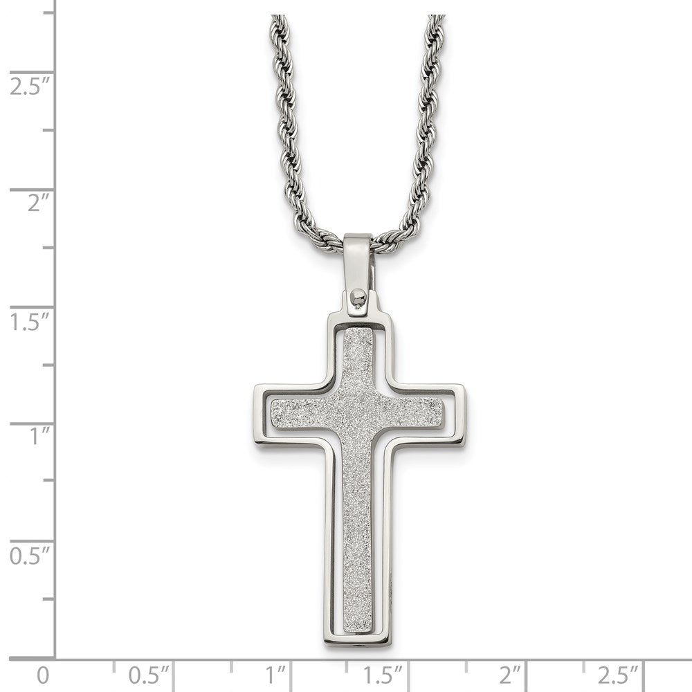 Stainless Steel Chisel Polished And Laser Cut Moveable Cross Pendant On A 22 Inch Rope Chain Necklace