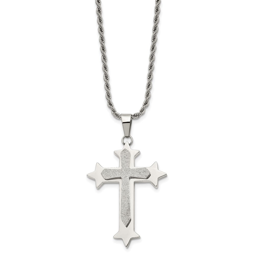 Stainless Steel Chisel Polished And Laser Cut Cross Pendant On A 24 Inch Rope Chain Necklace