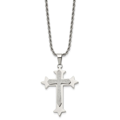 Stainless Steel Chisel Polished And Laser Cut Cross Pendant On A 24 Inch Rope Chain Necklace