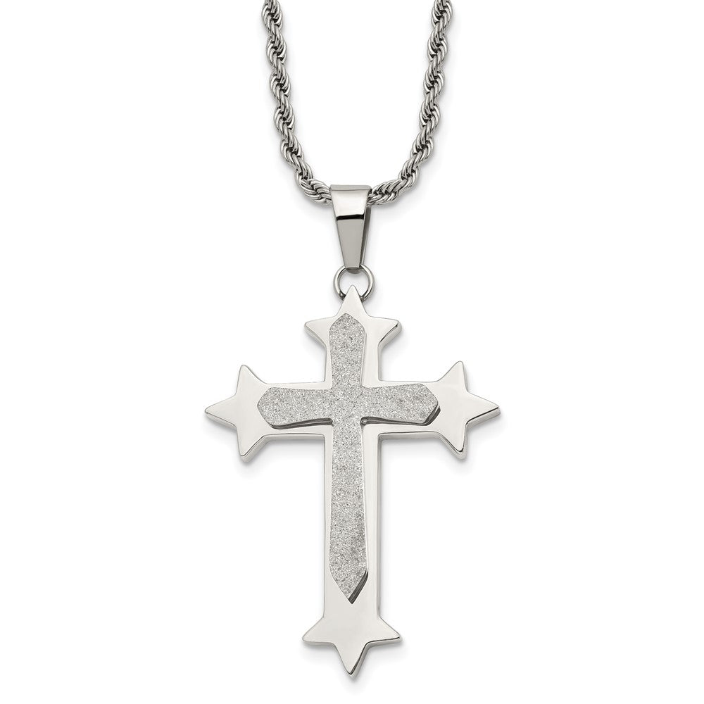 Stainless Steel Chisel Polished And Laser Cut Cross Pendant On A 24 Inch Rope Chain Necklace