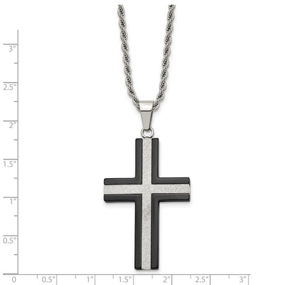Stainless Steel Chisel Polished Black Ip-Plated Laser Cut Cross Pendant On A 24 Inch Rope Chain Necklace