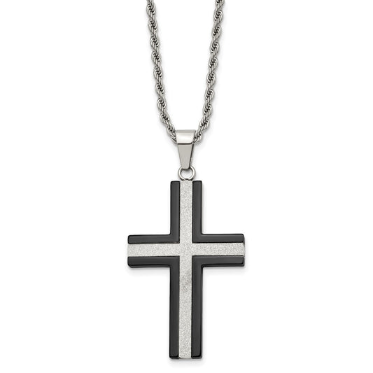 Stainless Steel Chisel Polished Black Ip-Plated Laser Cut Cross Pendant On A 24 Inch Rope Chain Necklace