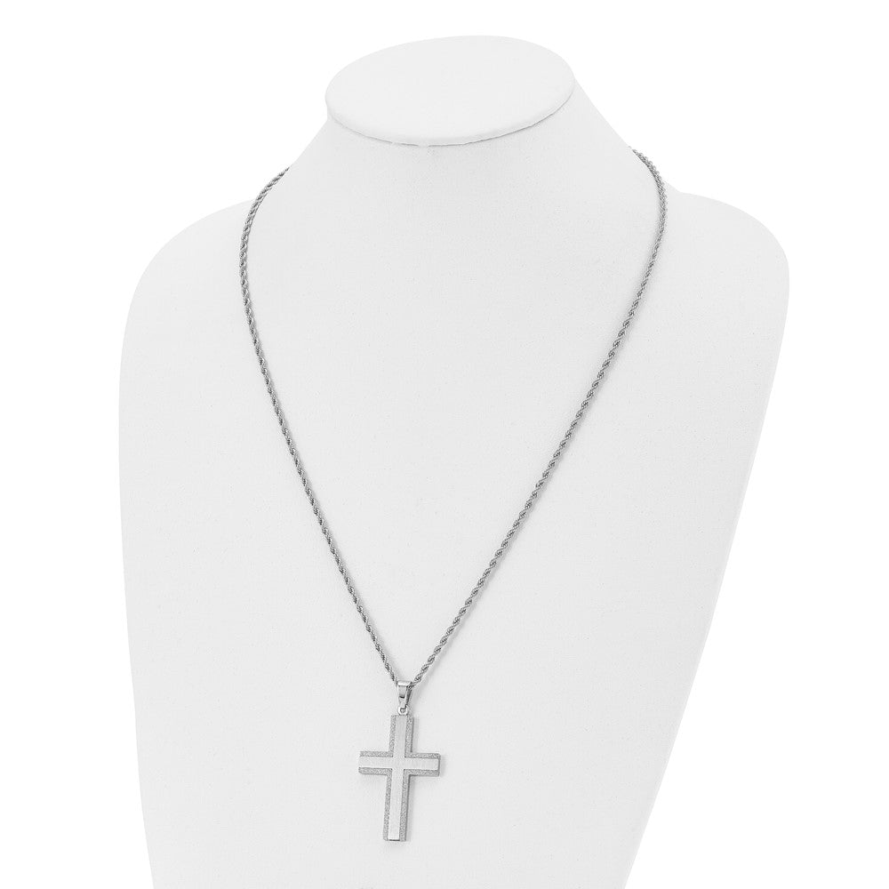 Stainless Steel Chisel Polished Laser Cut Edges Cross Pendant On A 24 Inch Rope Chain Necklace