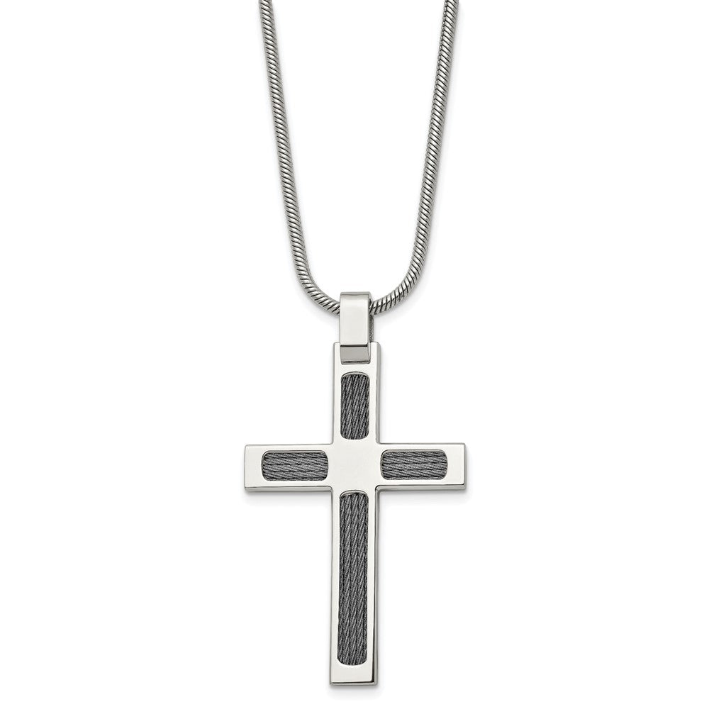 Stainless Steel Chisel Brushed And Polished With Cable Cross Pendant On A 24 Inch Snake Chain Necklace
