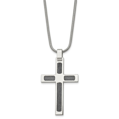 Stainless Steel Chisel Brushed And Polished With Cable Cross Pendant On A 24 Inch Snake Chain Necklace