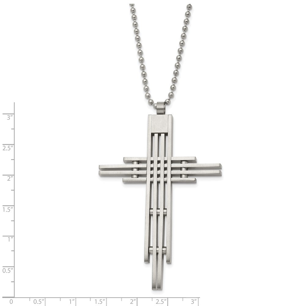 Stainless Steel Chisel Brushed And Polished Cross Pendant On A 24 Inch Ball Chain Necklace