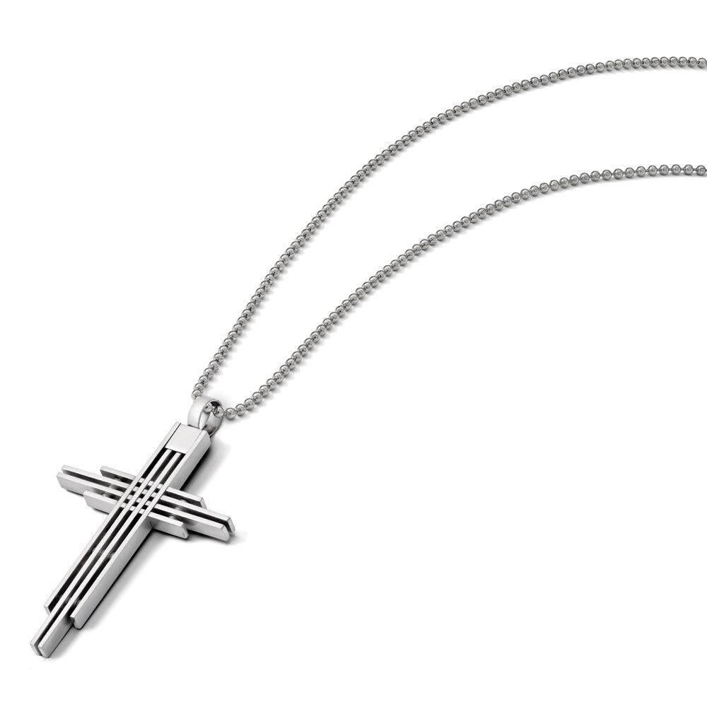 Stainless Steel Chisel Brushed And Polished Cross Pendant On A 24 Inch Ball Chain Necklace